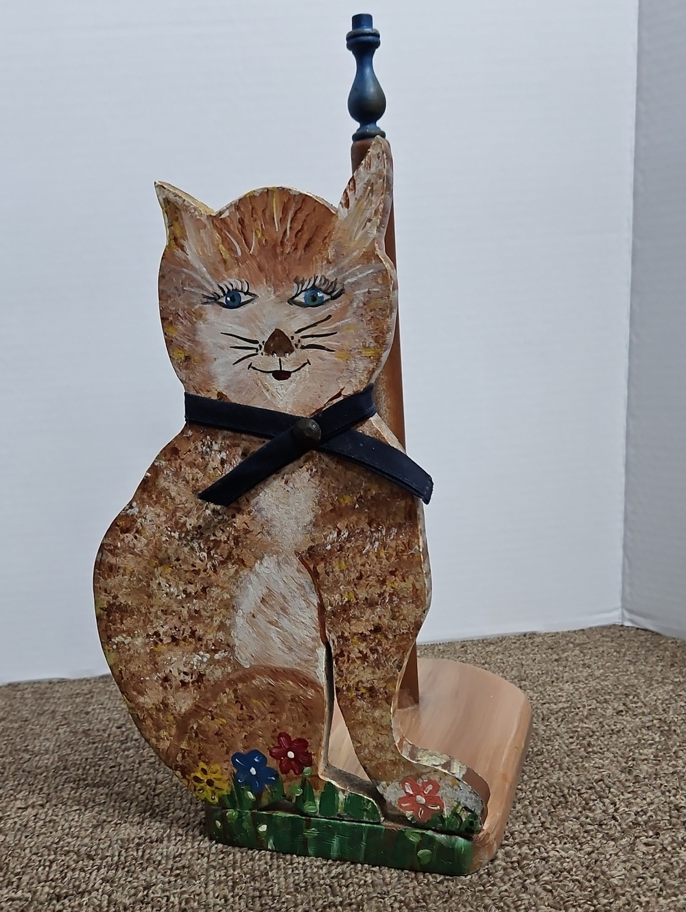 Vintage Hand Painted Wooden Cat Paper Towel Holder 11" Cat